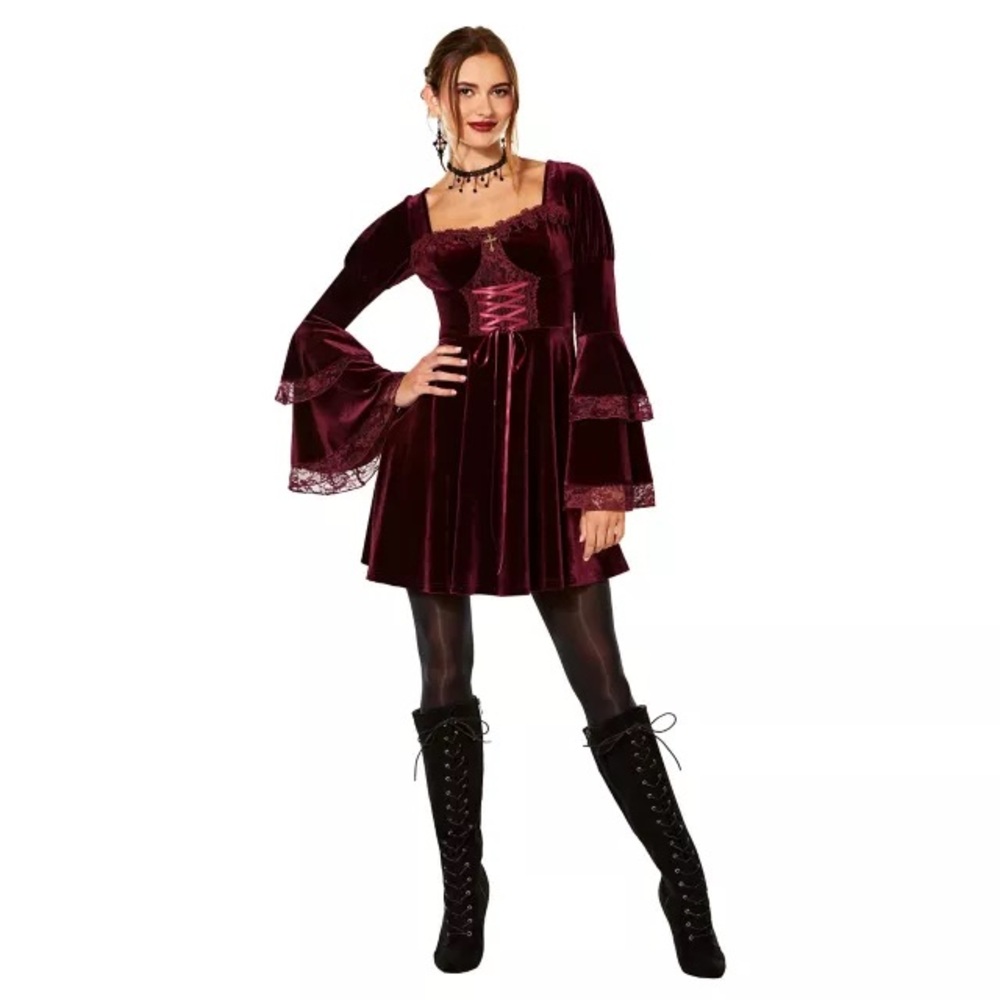Halloween NWT Spirit Med Velvet Burgundy Dress w Bell Sleeves for the Vampire!